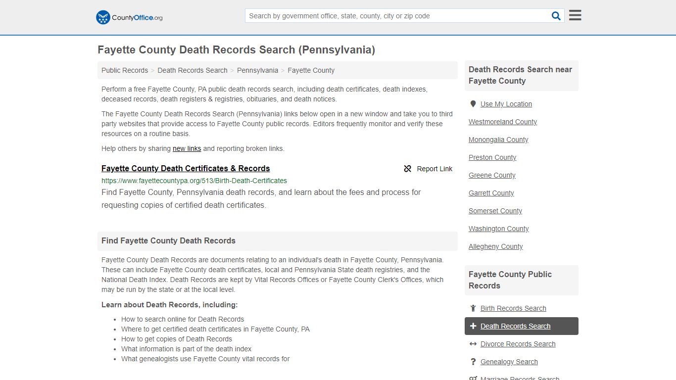 Death Records Search - Fayette County, PA (Death ...